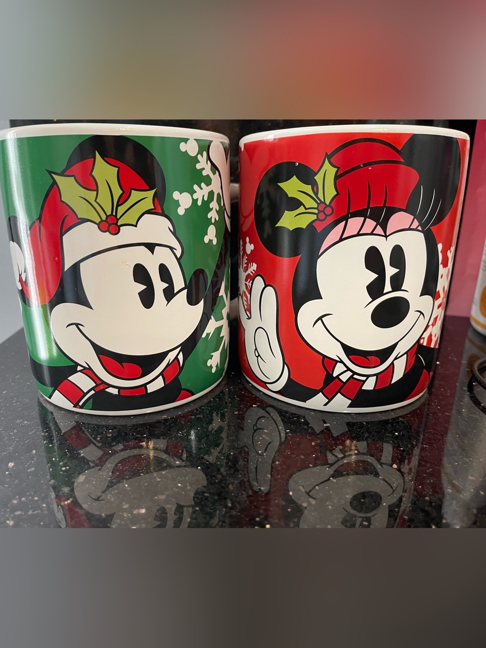 2- Disney Holiday Mickey & Minnie Ceramic Mug Set - Red & Green